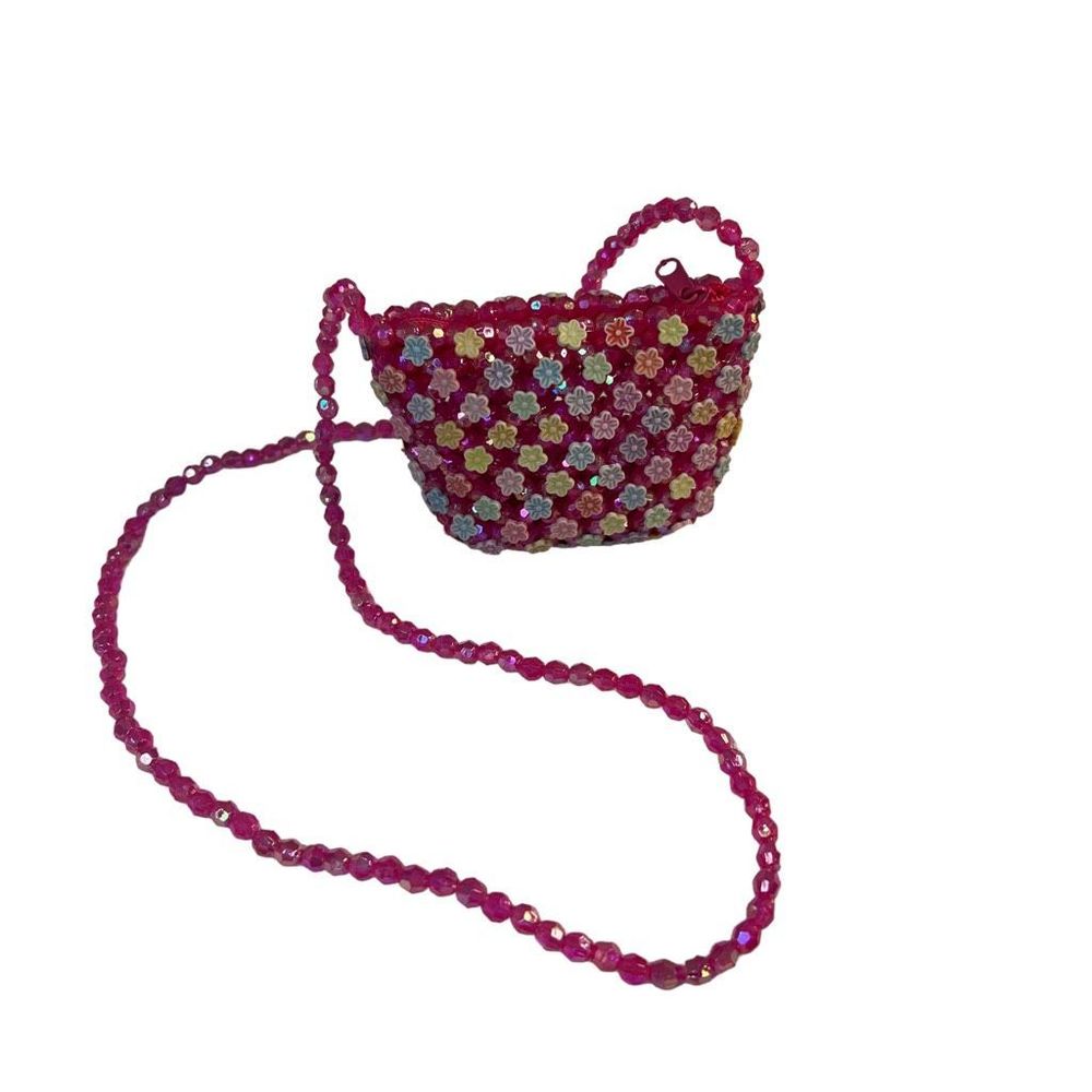 Vintage Tiny Pink Beaded Colorful Floral Purse With Long Strap Girls & Women - Picture 2 of 9
